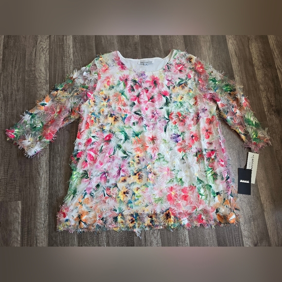 NWt CAROLINE ROSE eyelash Fringe  Multicolor Paradise Bird Blouse Tunic Designer - Picture 1 of 15